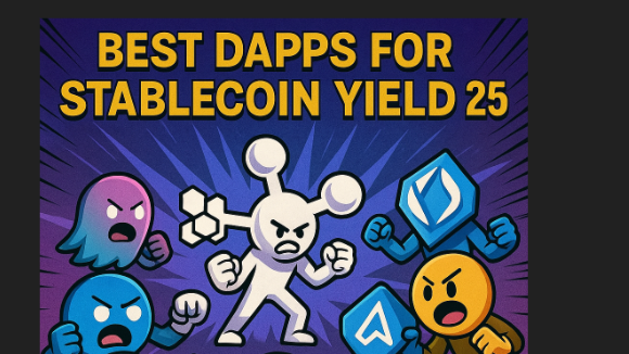 Colorful 2D digital illustration titled "Best Dapps for Stablecoin Yield 2025", featuring logos of DeFi platforms like Aave,