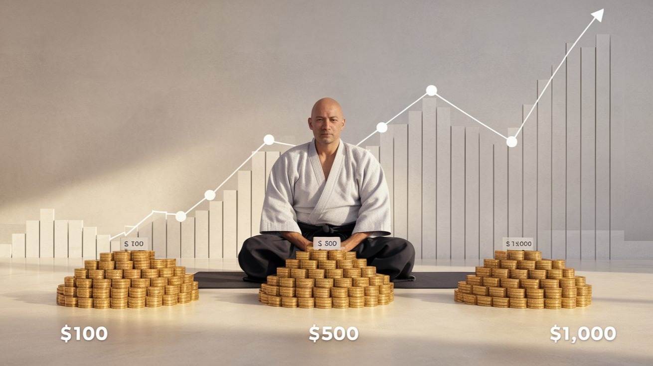 A calm, realistic illustration of a sensei seated at a low desk with three neatly stacked coin piles labeled “$100,” “$500,”