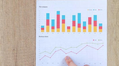 Index finger pointing at a line graph on a report page