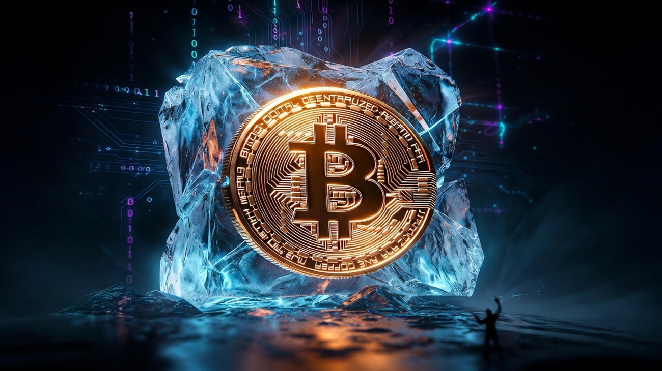 Frozen Bitcoin coin in cracking ice symbolizes the $70B Satoshi quantum-freeze debate.