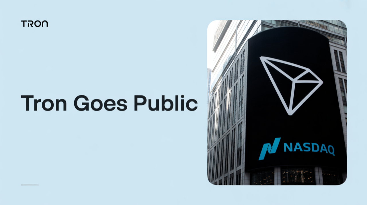 Tron logo on Nasdaq building with “Tron Goes Public” text on clean light blue background.