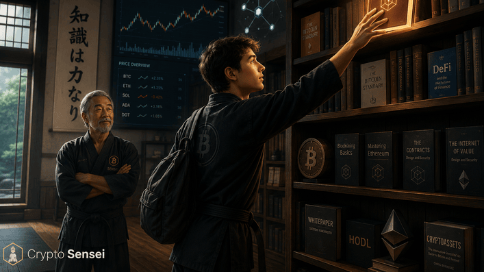 A thoughtful digital illustration of a young crypto learner standing in a dojo-like library filled with books, blockchain sym