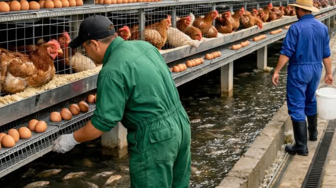 Hen and fish farm together