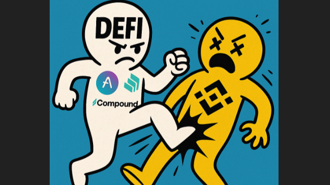 Use a centered crop of the DeFi character kicking the Binance figure, with both logos clearly visible.