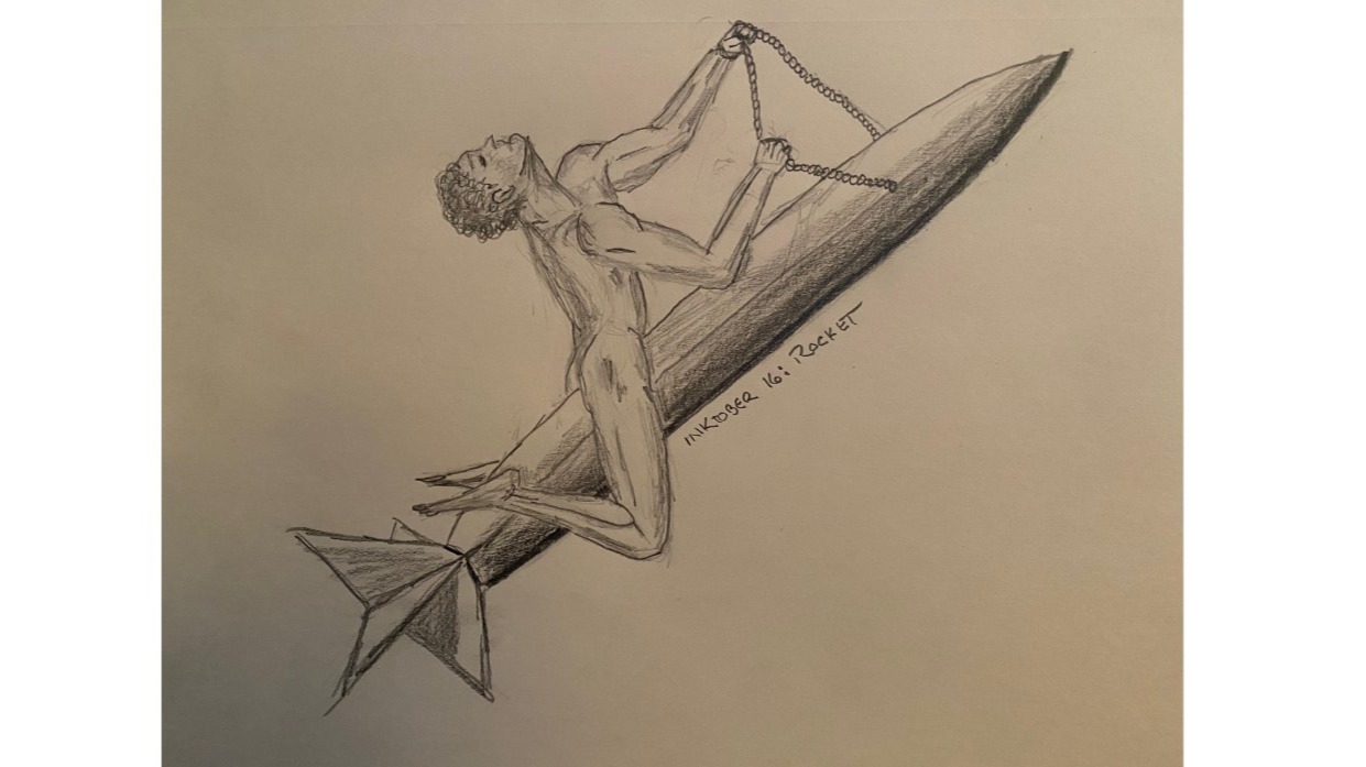 Man riding a rocket - drawing in pencil