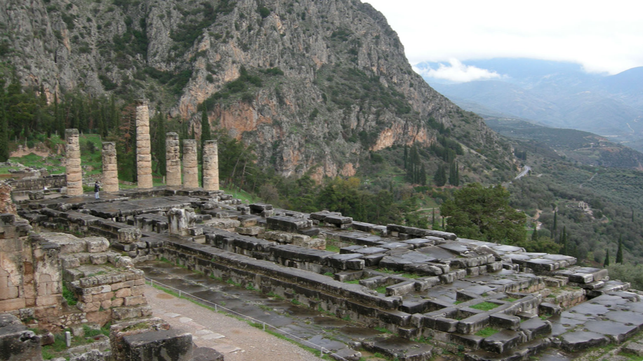 The Temple of Apollo where they were consulting the oracle of Delphi (who may or may not have been high all the time)