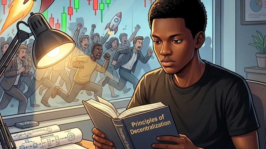 A detailed digital illustration of a calm crypto sensei sitting at a wooden desk surrounded by notebooks, security keys, bloc