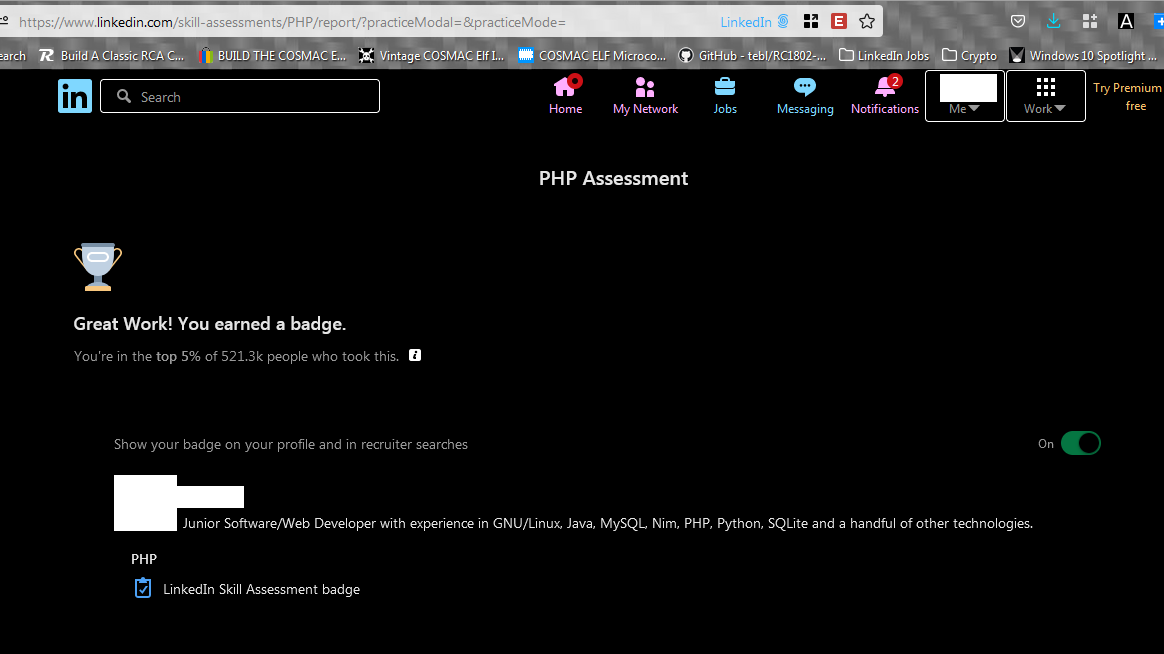 PHP Assesment Test Results: A Badge Awarded to Me