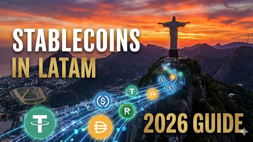 Stablecoins in Latin America 2026 Guide: Rio’s Christ the Redeemer at sunset featuring floating cryptocurrency logos.