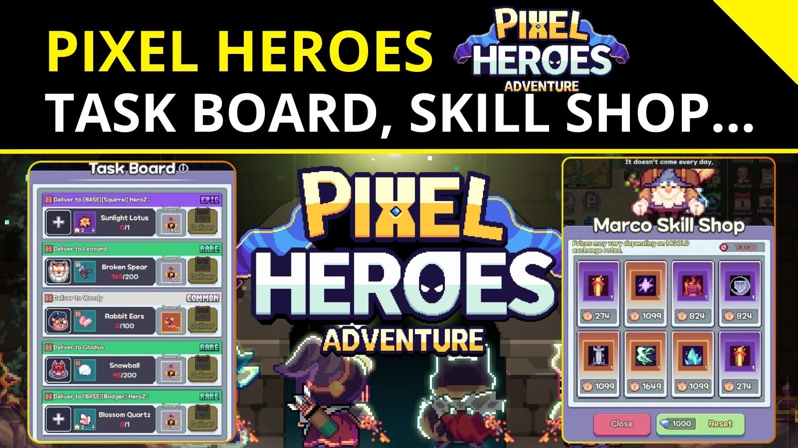 Pixel Heroes adventure task board and skill shop...