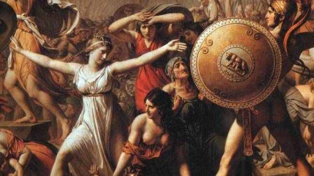 Closeup of The rape of the Sabine women, a historical painting by David