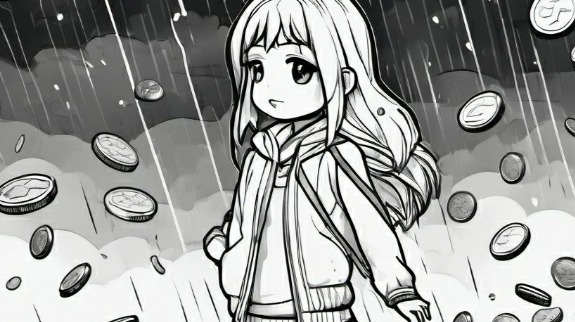 girl standing in raining crypto coins