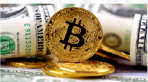 Bitcoin and dollar bills