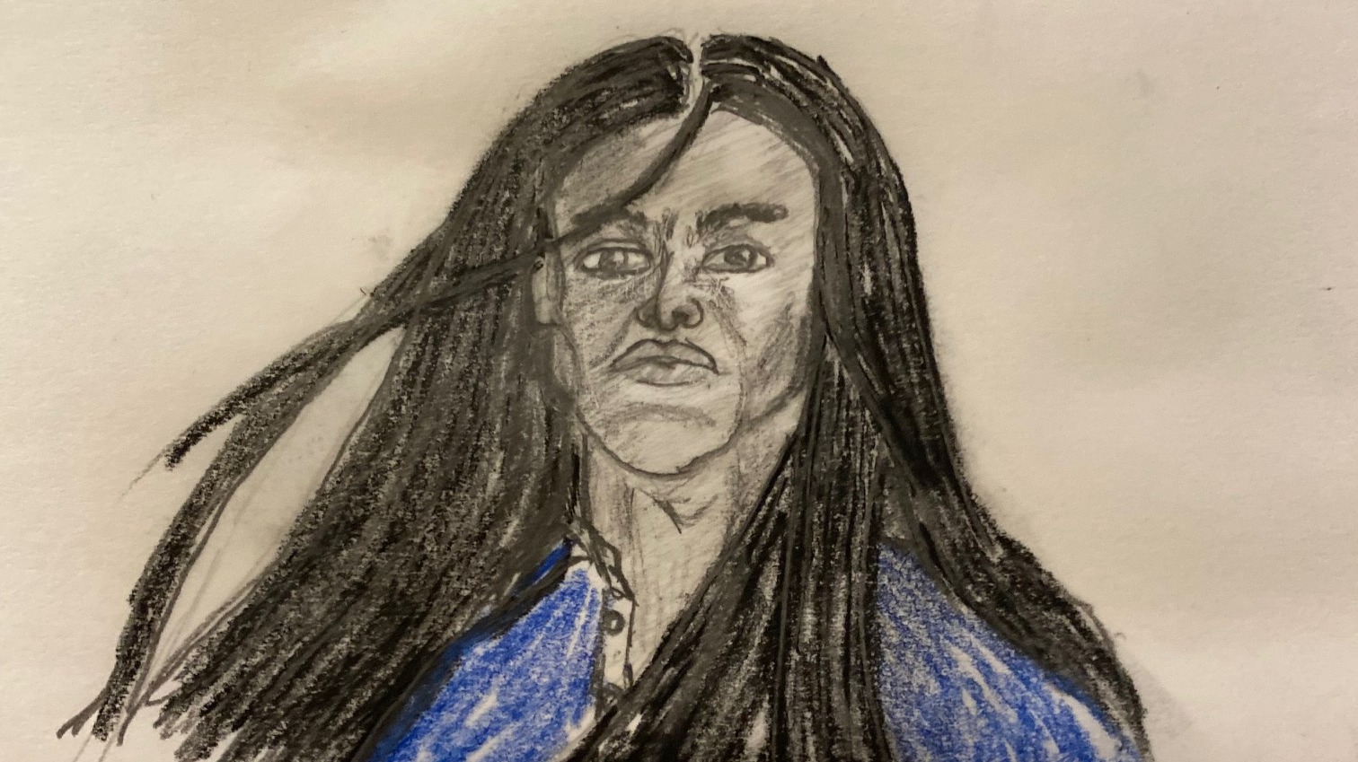 long-haired man in blue denim shirt - charcoal, graphite pencil, colored pencil