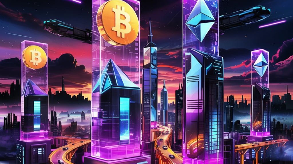 A futuristic city with Bitcoin and blockchain logos shining in the sky, cyberpunk style, vibrant colors