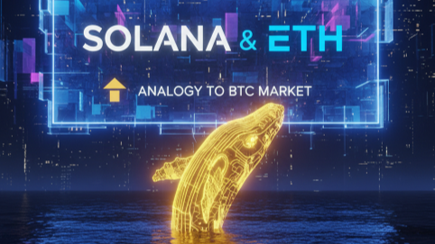 Neon whale rising with SOLANA &amp; ETH banner in a city, showing whale rotation relative to the BTC market.
