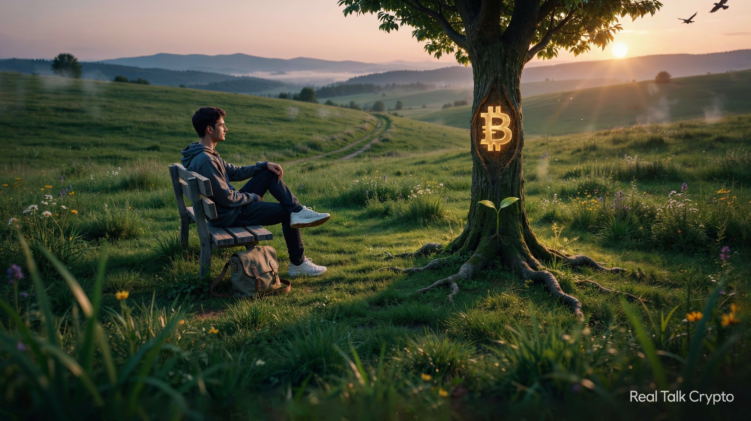 A young crypto investor sitting calmly on a bench watching a small Bitcoin seed grow into a strong tree, sunrise in the backg