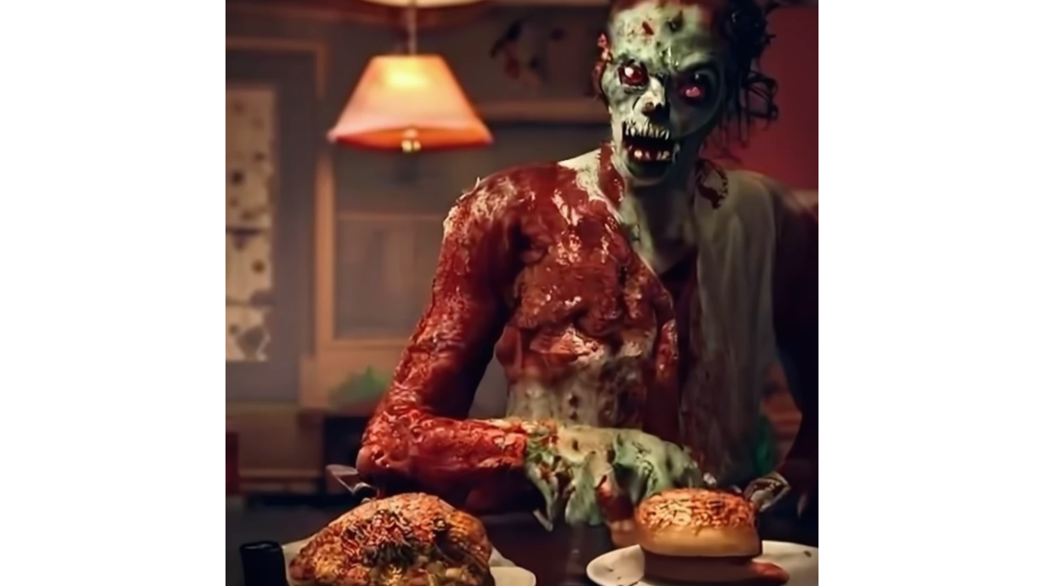 Vegan meat zombie in a restaurant (generated by AI)