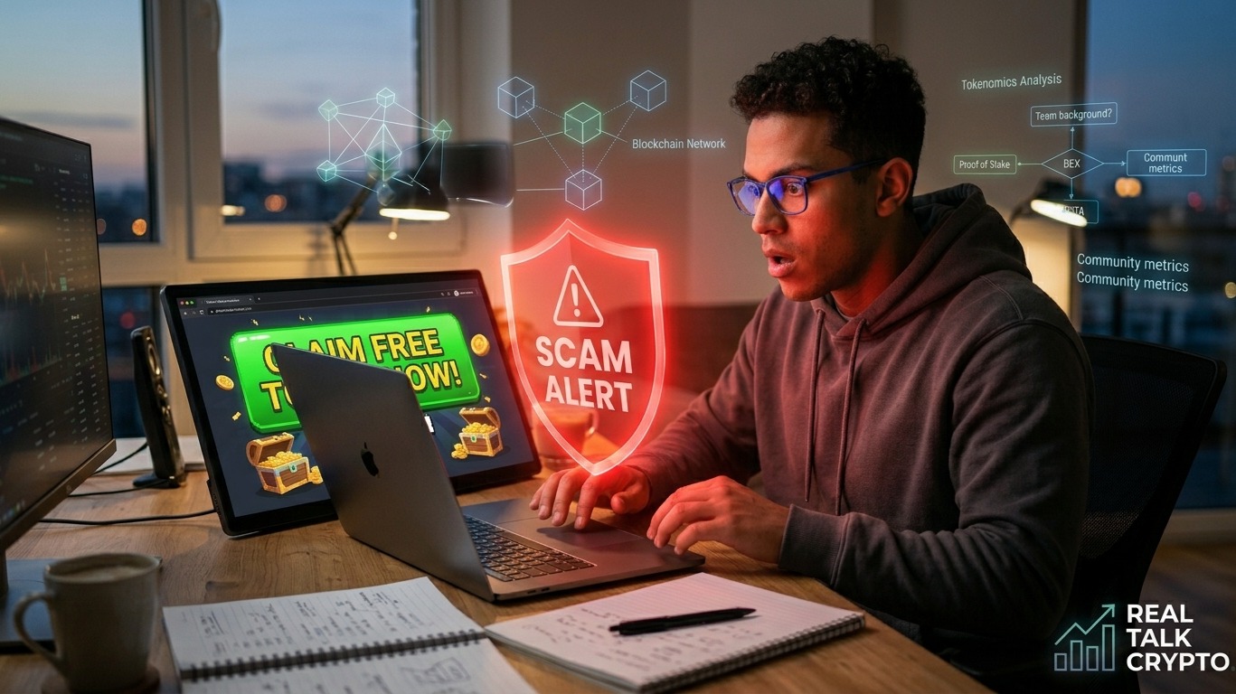 A young crypto investor about to click a glowing ‘Claim Free Tokens’ button on a laptop while a large red warning shield appe