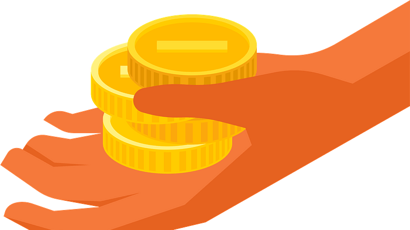 Hand with coins clipart. Courtesy of Creazilla, public domain.
