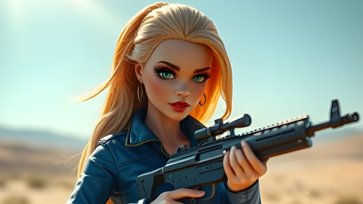 Vault Meat Barbie Doll in a Blue Jumpsuit Holding a Rifle