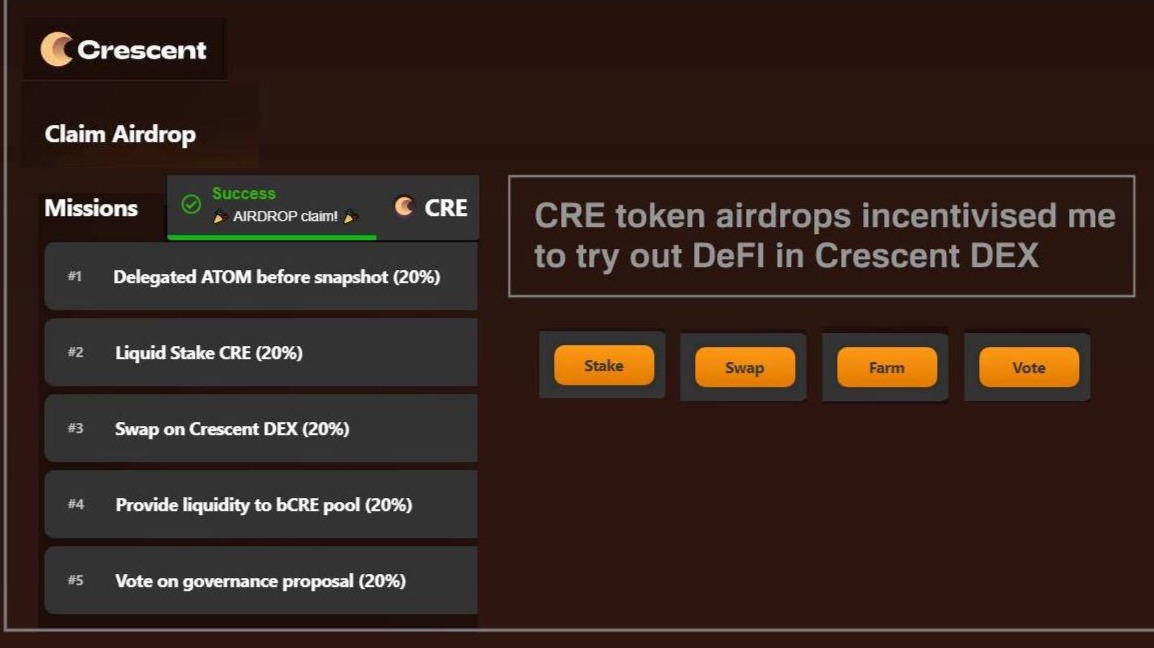 My DEFI exploration of Crescent began thanks to CRE token airdrops
