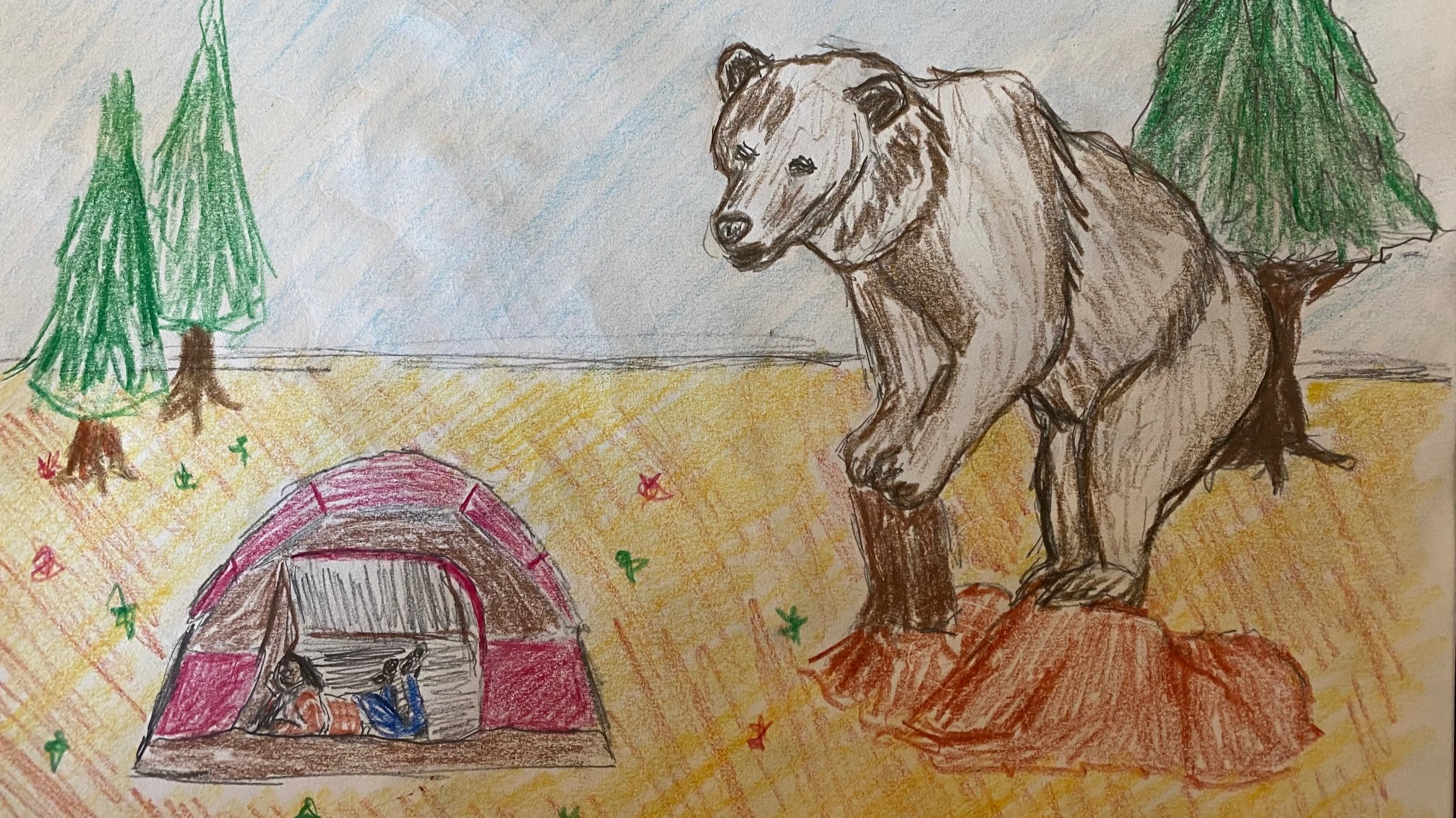 Giant bear looking over tiny campers' tent - colored pencil