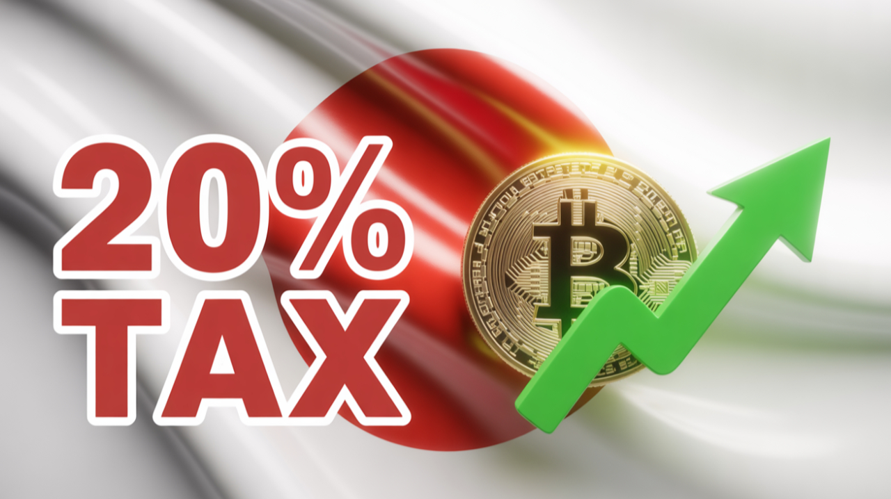 Bitcoin with Japan flag, 20% tax text, green arrow up.
