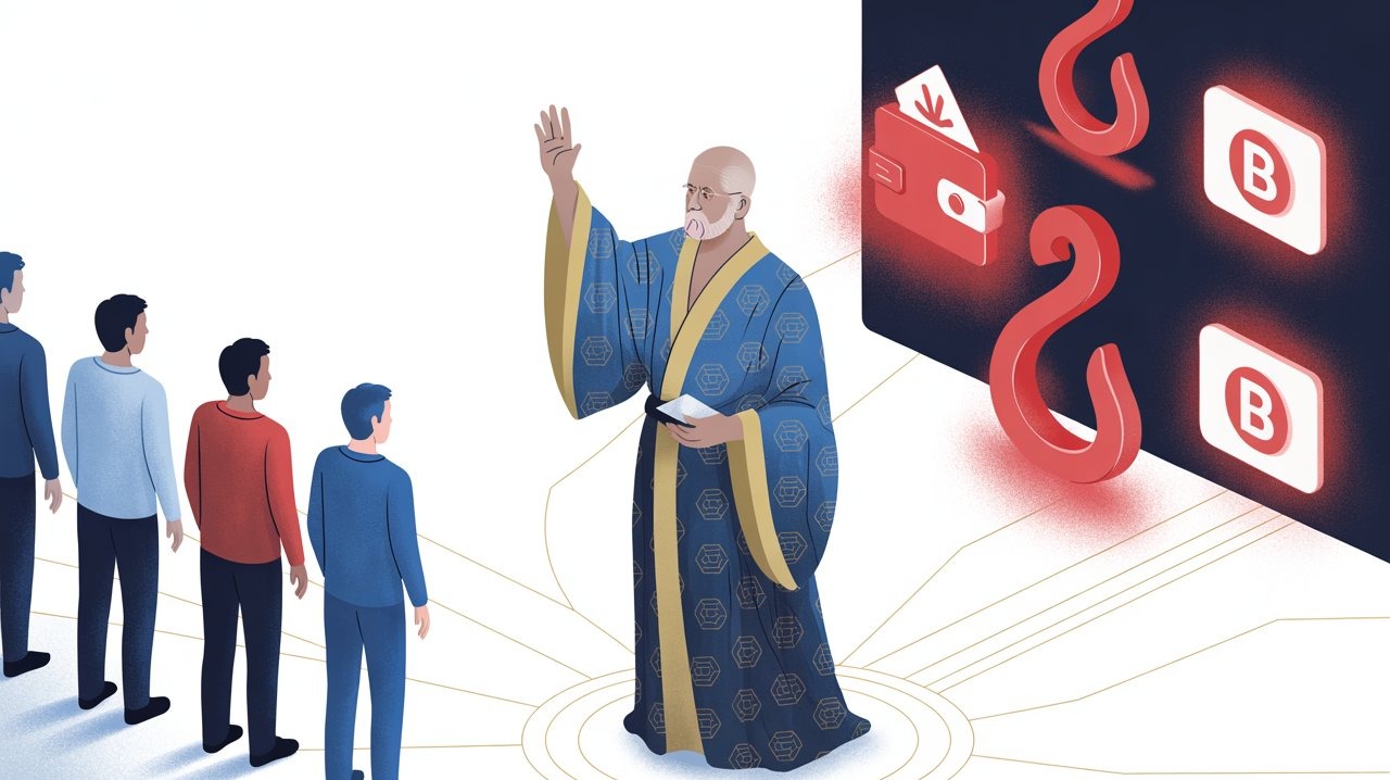 A calm crypto sensei standing between beginners and glowing red scam symbols. The sensei raises a hand to block phishing link