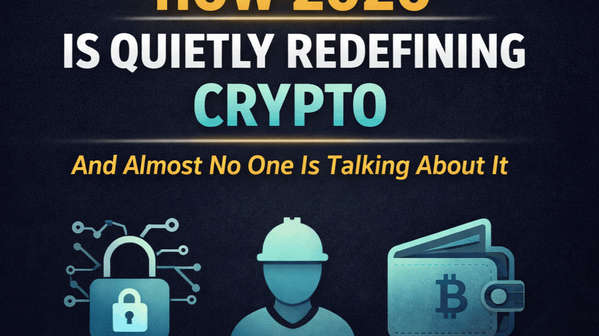 A clean, minimalist thumbnail highlighting how crypto is quietly evolving in 2026, focusing on security, builders