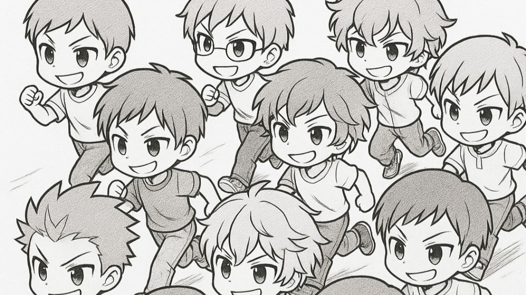 Stampede of boys running