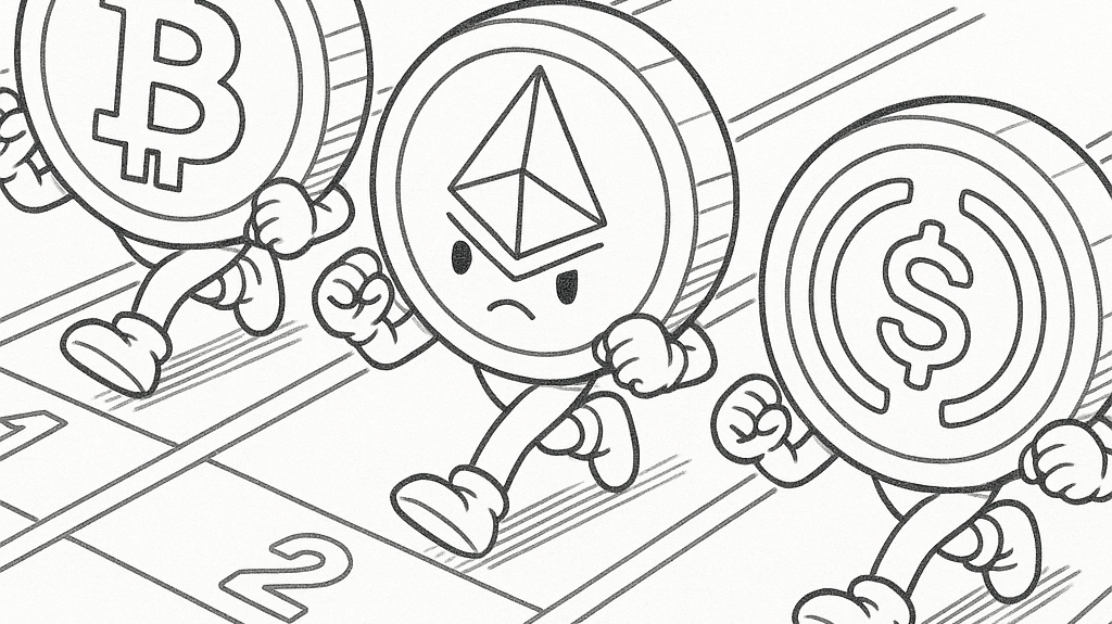 Crypto coins in racing lanes