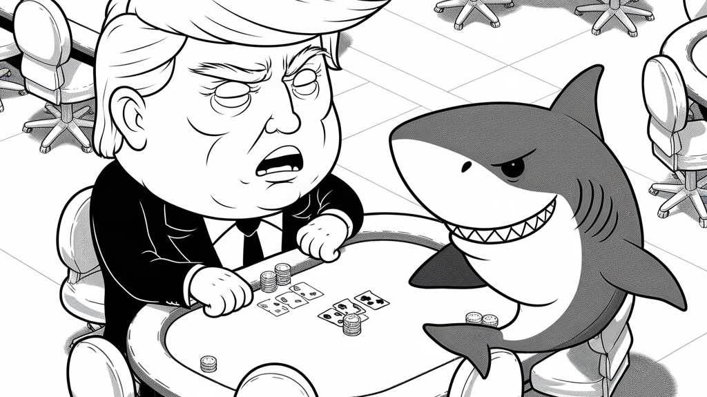 Trump playing cards against a shark