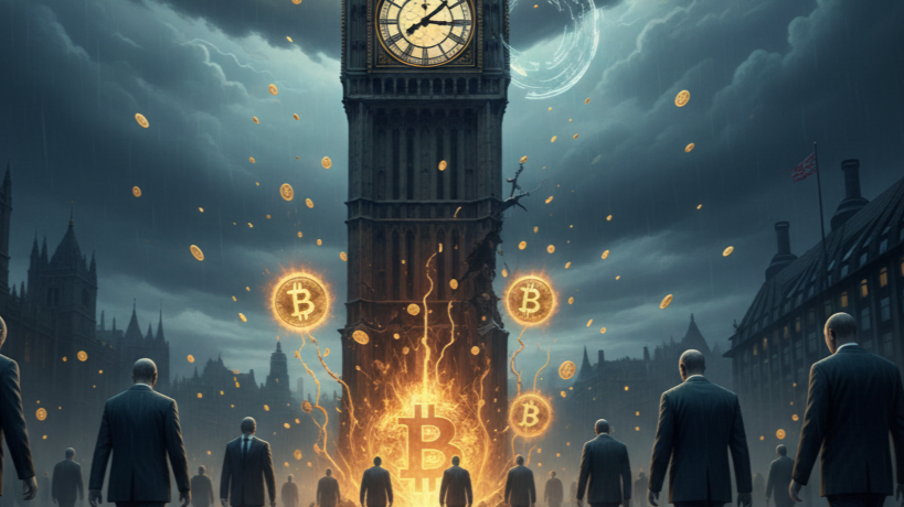Bitcoin rising over London's Big Ben during a storm, symbolizing the impact of the UK jobs crisis on the crypto market.