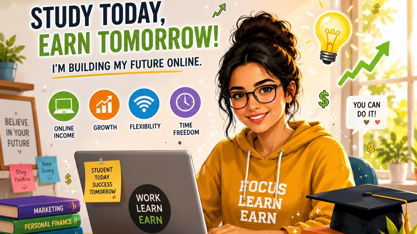 A student earning money from her laptop