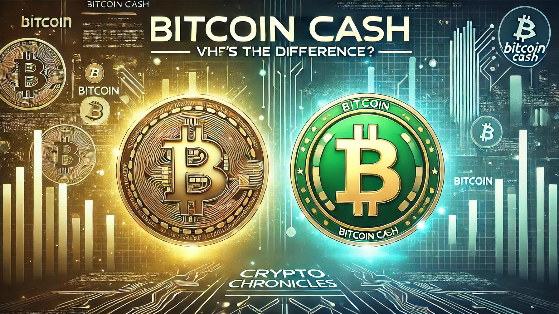 The iconic gold Bitcoin logo on the left and the green Bitcoin Cash logo on the right.