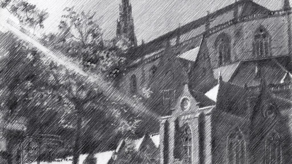 impressionist church graphite pencil drawing