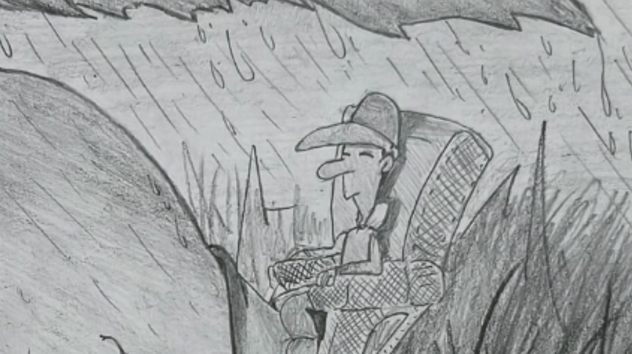 A cartoon character representing a Chinese person riding a creature.