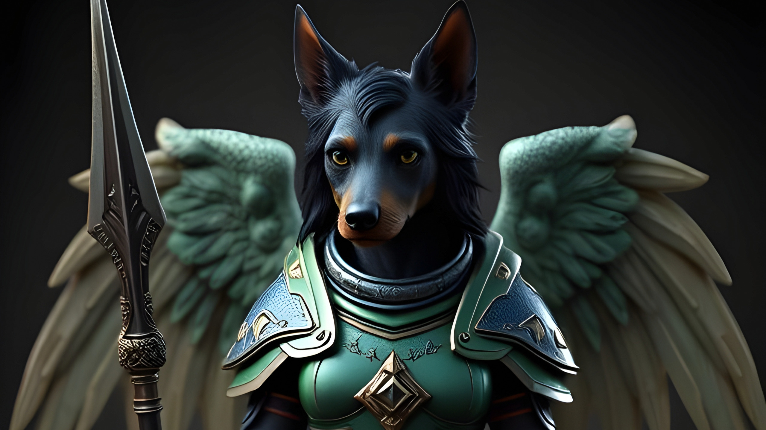 Dog angel holding a spear