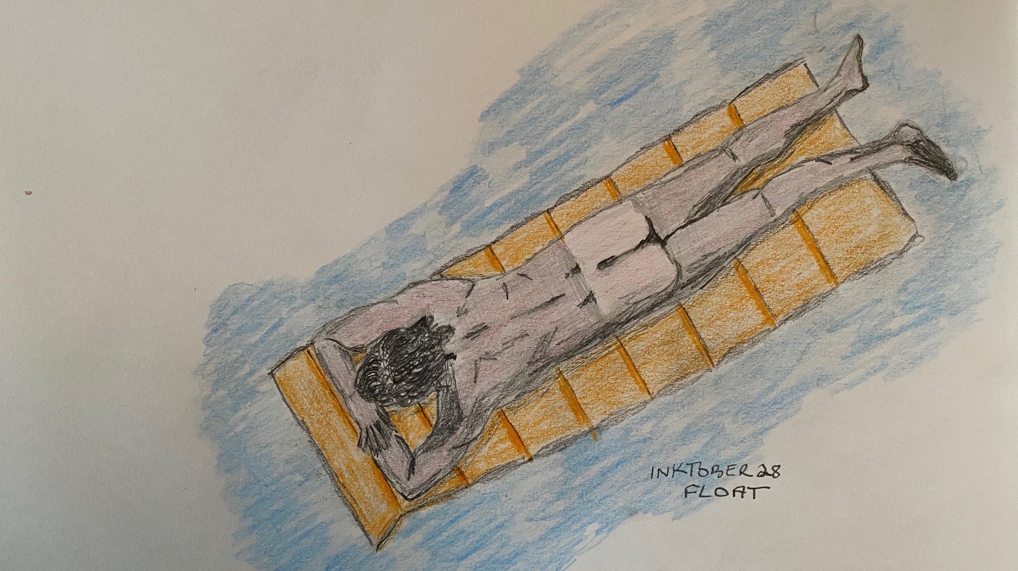 Man floating on inflatable raft - Drawing in pencil and colored pencil