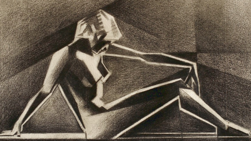 cubist art deco nude graphite pencil drawing