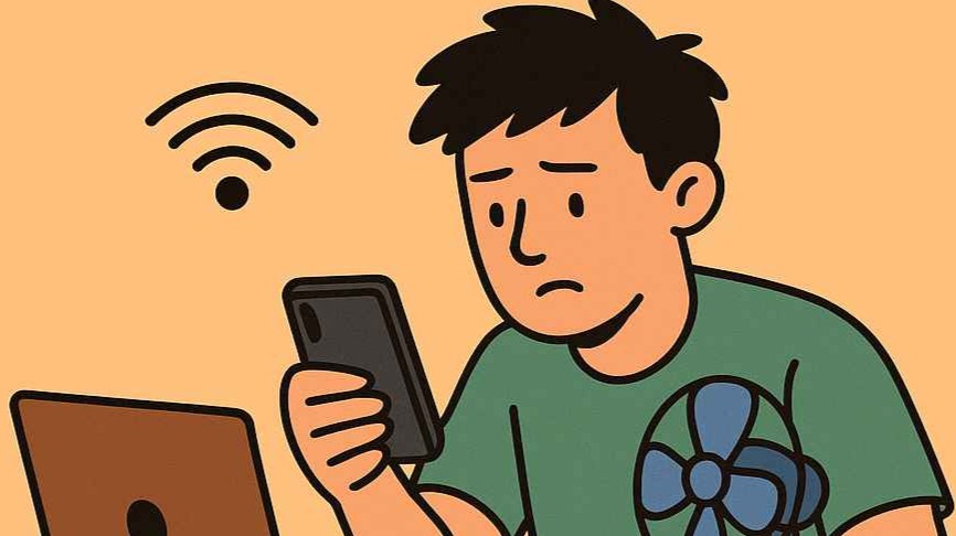 A frustrated man with messy hair stares at his old phone, sitting at a desk with a laptop, some coins