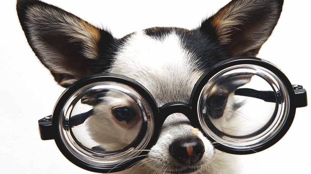 Cute Chihuahua dog of black and white fur color with giant glasses on his eyes is on the picture!