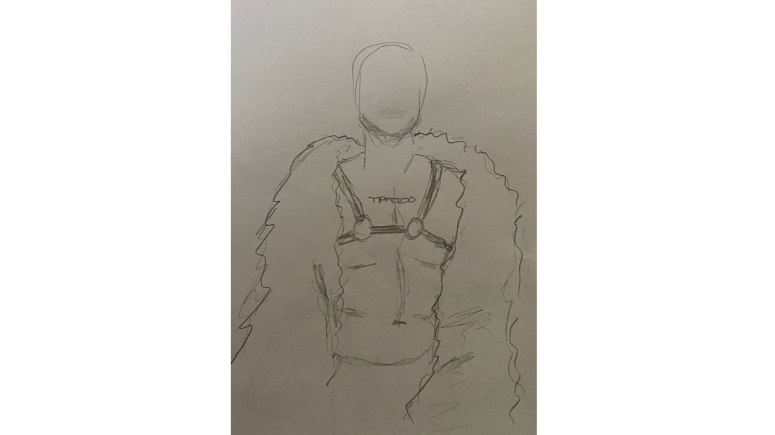 Daniel wearing leather harness and fuzzy blanket - 3-minute pencil sketch