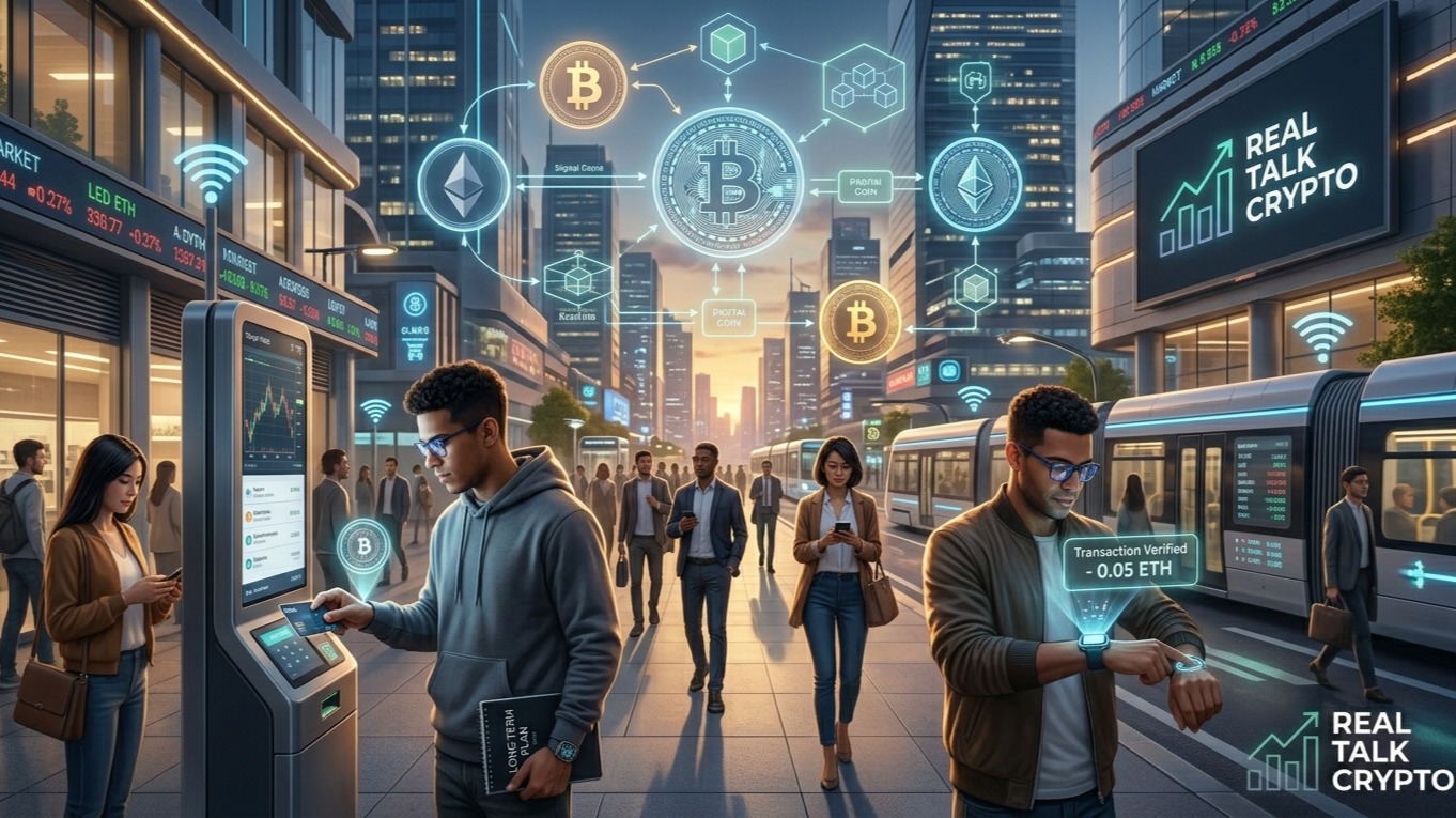A futuristic city where people pay with digital devices instead of cash, holographic currency symbols floating in the air, bl